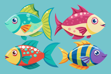 A set of 4 cute fish with different cartoon style vector art illustration