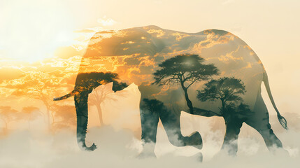 double exposure effect of an elephant walking and green jungle. World wildlife day