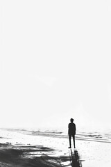A black and white sketch of a person standing on the beach looking at the ocean