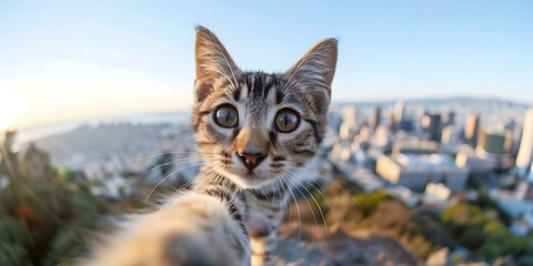 Obraz premium Kitten on hill against city skyline captures selfie with fisheye lens. Concept Pets, Photography, Cityscape, Selfie, Fisheye Lens