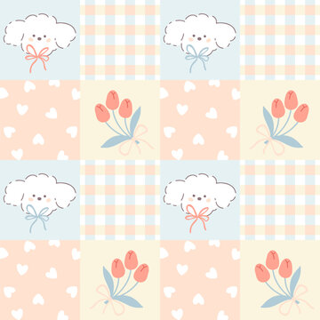 Gingham seamless patchwork pattern with kawaii poodle dog and tulips. Tartan check for tablecloths, napkins, clothes, packaging, for Easter holiday. Cute childish vector background, pastel palette