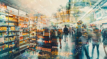 Fototapeta premium A double exposure image of a bustling market with eco-friendly products and renewable energy sources, symbolizing sustainable commerce for net zero