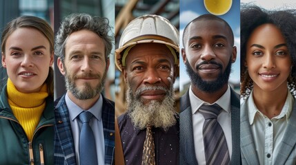 A collage featuring diverse professionals in the renewable energy sector, highlighting the human element of achieving net zero