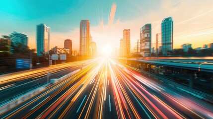 Fototapeta premium Cityscape with a Blurred Highway at Sunset
