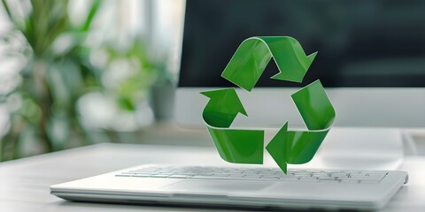 Desktop computer with green recycle symbol highlights recycling electronic waste importance. Concept Electronic Waste, Recycling, Green Technology, Environmental Conservation