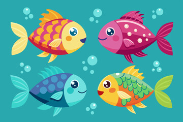 A set of 4 cute fish with different cartoon style vector art illustration