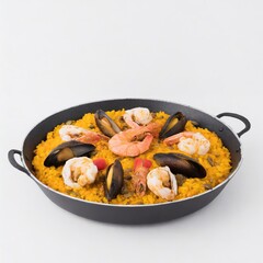 Seafood paella in a plate isolated on white background