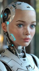 A close-up portrait of a female android with a white and gray metallic body. Her skin is smooth and her eyes are a piercing blue