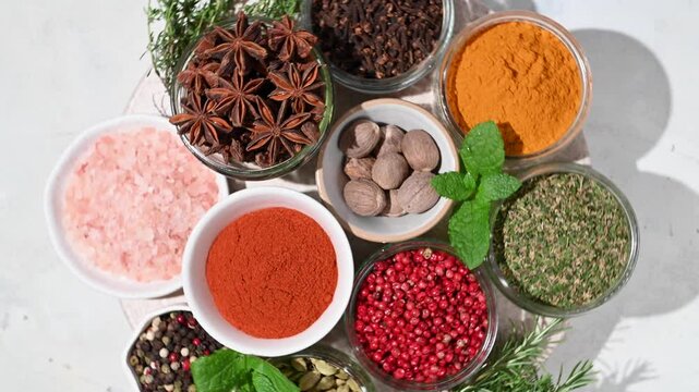 Spices and herbs in bowls, top view