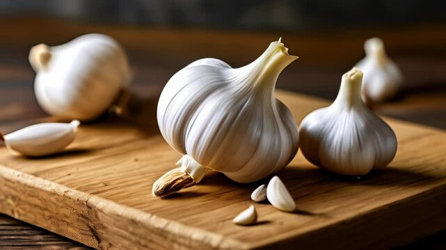  Fresh garlic bulbs on a wooden cutting board ready for culinary magic