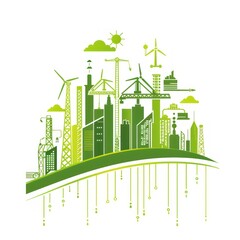 Green Cityscape with Wind Turbines and Construction Cranes