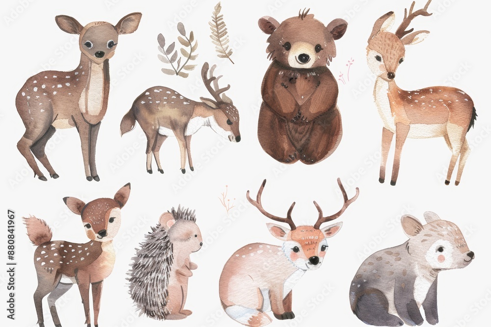 Poster Animals of the safari in 3D style. Hare, fox, bear, hedgehog, deer. Stock Photo.