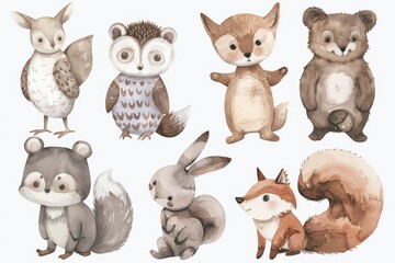 Fototapeta premium A safari animal set with a bear, squirrel, fox, owl, hedgehog, and hare in 3D style. Isolated.