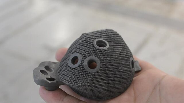 Person holding in his hand an implant of joint printed on a 3D printer from biocompatible titanium. Individual 3D-handled acetabular system. Endoprosthesis. Biointegrated patient-specific prosthesis.