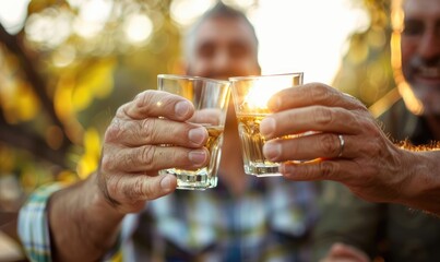 Two senior men raise their glasses in a cheerful toast outdoors in bright sunlight, emanating a sense of camaraderie, celebration, and joyful moments shared together.