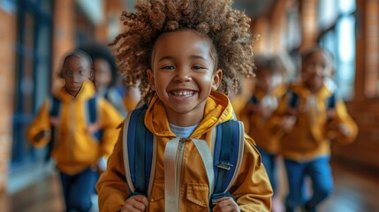 happy black schoolboys and girls with ruchsacks are running inside of the school, professional photo, back to school