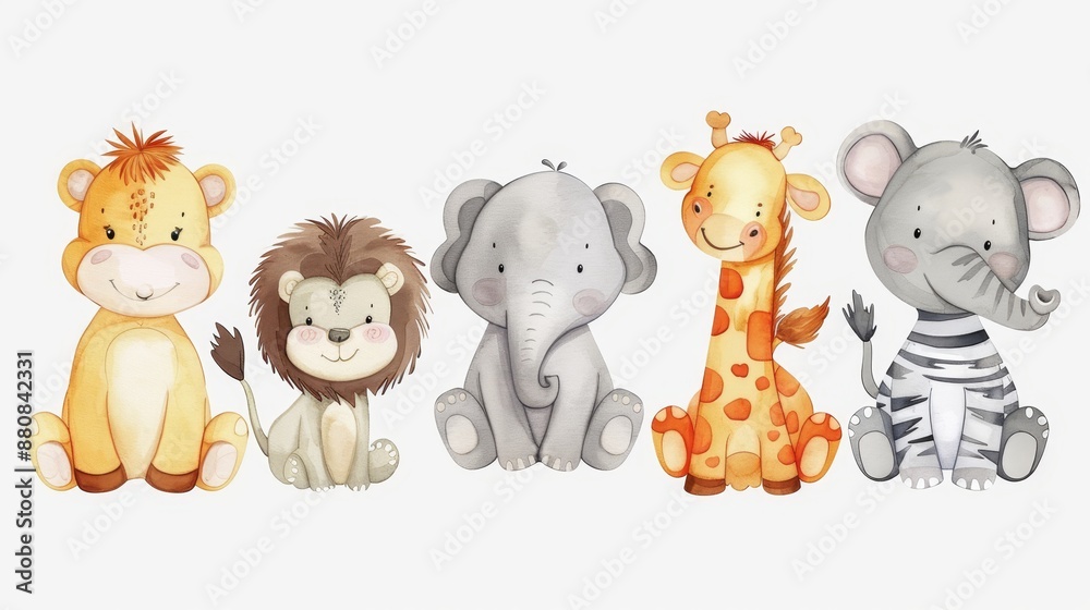 Wall mural this set of cute baby woodland animals features lions, elephants, monkeys, zebras, giraffes, and hip