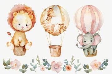 Fototapeta premium Animal set of lion, giraffe, elephant and giraffe in a water balloon, isolated on a white background.