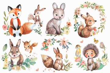 Fototapeta premium The illustrations are isolated drawings done by hand featuring cute woodland animals like a fox, hare, mouse, hedgehog, bear, squirrel, and hedgehog with a flower. Perfect for a nursery poster.