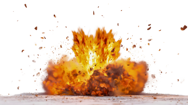 Massive explosion likely caused by specific weapons such as a bomb, rocket, or artillery.