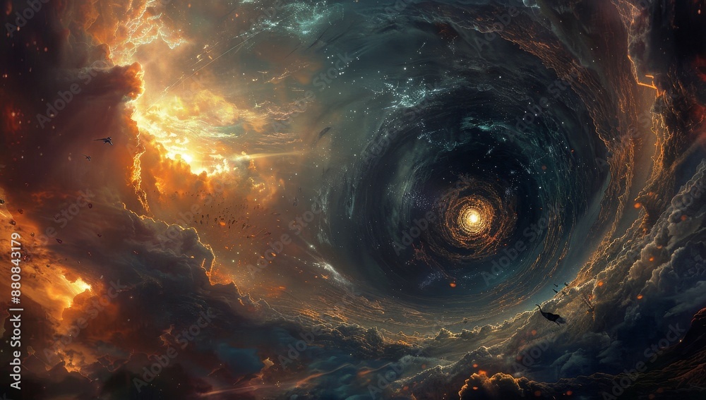 Aufkleber fiery glow around a portal in the universe. dark tree contours surround it