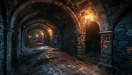 Stone steps leading down to the dungeon are illuminated by candles.