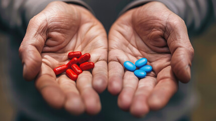 Man's Hands with Red and Blue Pills, Depicting Choice