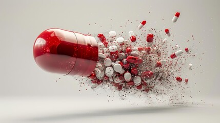 A dynamic 3D illustration featuring a large red and white capsule that has split open
