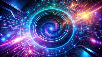 Obraz premium Futuristic abstract background with swirling vortex of blues and purples, glowing neon lights, and intricate circuits, conveying advanced technology and innovation.