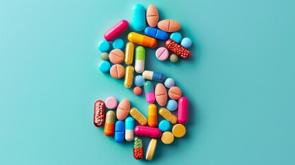 A modern and playful healthcare illustration with colorful pills and tablets arranged to create a dollar sign The composition features a turquoise background
