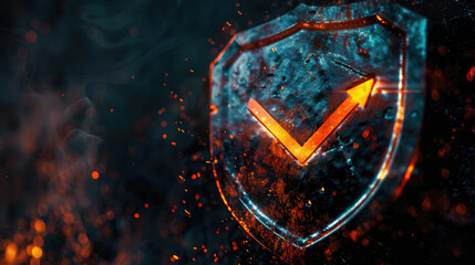 Rust Programming Security Concept. Rusty Shield with Glowing Digital Checkmark