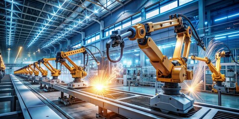 Robotic arms and machines work in harmony, surrounded by futuristic screens and wires, showcasing advanced automation and digitalization in modern industrial manufacturing.