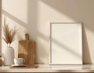 Kitchen Counter Nook with Empty Frame, Cup, and Wooden Cutting Board