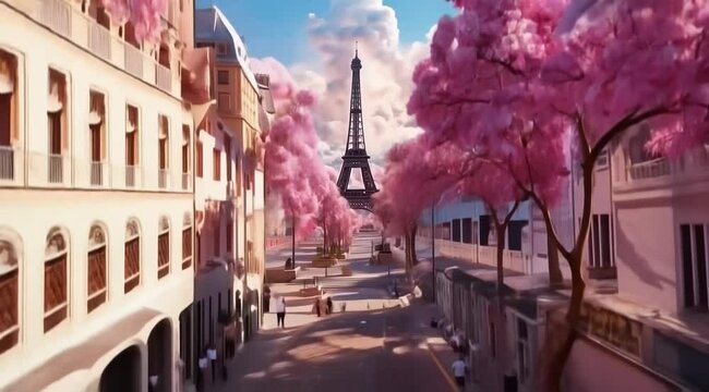 Paris with a cotton candy trees in a fantasy world