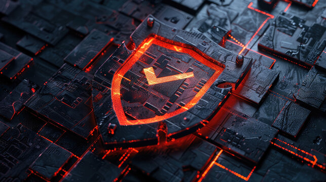 Rust Programming Security Concept. Rusty Shield with Glowing Digital Checkmark
