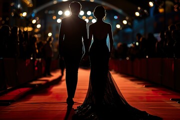 Back silhouette view of a couple of stars in gorgeous evening gowns and suit walking on the red carpet posing for awards ceremony.