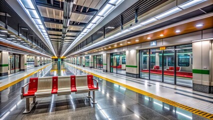 Modern city subway station interior with sleek lines, bright lights, and empty seats, awaiting arrival of next train, perfect for travel and transportation concepts.