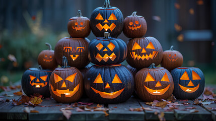 A stack of carved pumpkins