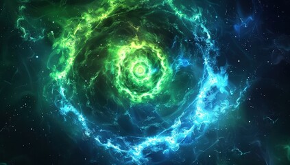 Spiral of Blue and Green Lights with Glowing Effect in a Dark Cosmic Background