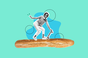Creative collage picture young woman skateboard rider french baguette white bread ingredient culinary food nutrition drawing background
