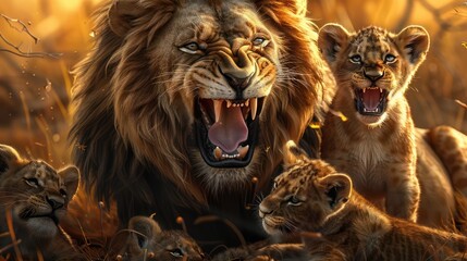 The lion roared with love at his three cubs.