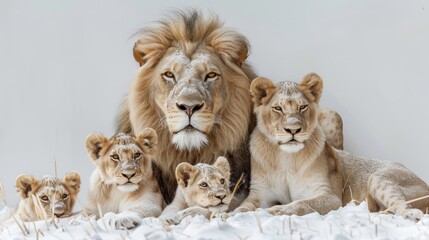 lion family with 3 cubs in white
