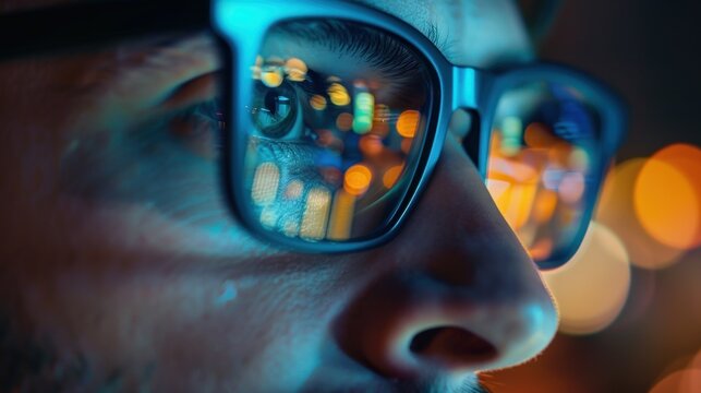 focus on eye close-up view. Focused developer coder wears glasses working on computer looking at programming code data cyber security digital tech reflecting in spectacles developing software program.