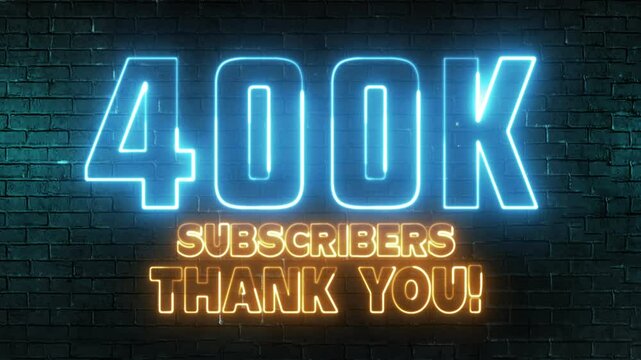 400K subscribers thank you text font with light. Luminous and shimmering haze inside the letters of the text 400K. 400 000 Number. Four hundred thousand neon sign.