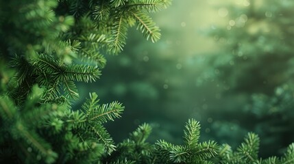 Blurred green pine tree branches backdrop Festive tree wallpaper Empty area 2022 trendy hue Blurry