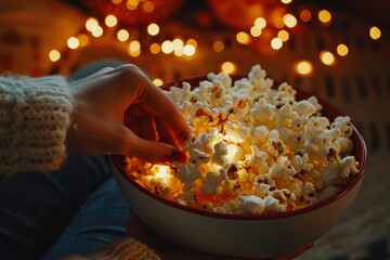 Hand reaching into a bowl of popcorn under festive lights. Close-up