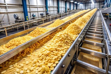 Rows of shiny metal machinery and conveyor belts stretch across the factory floor, producing crispy, golden potato chips in a fast-paced automated process.