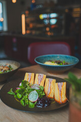A vibrant collection of coffee, lemonades, ready meals, bistro photography, and desserts. Enjoy gourmet drinks, plated dishes, and sweet treats, perfect for showcasing culinary artistry and café ambia