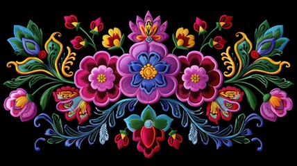 Vibrant floral embroidery design with colorful flowers and intricate details on a black background, perfect for artistic projects.