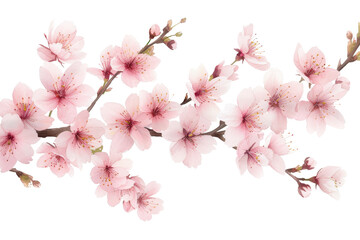Obraz premium Beautiful branch of pink cherry blossom flowers in full bloom, isolated on white background, symbolizing spring and natural beauty.